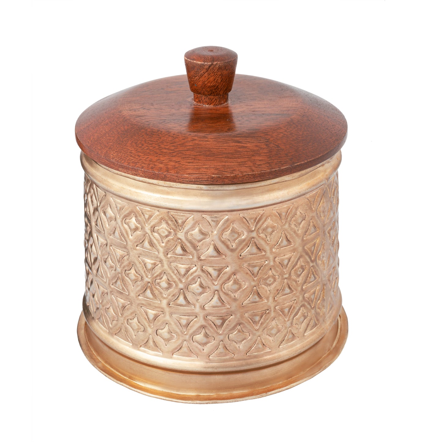 Handcrafted Round Metal Pressed Box W Mango Wood Lid 14cm