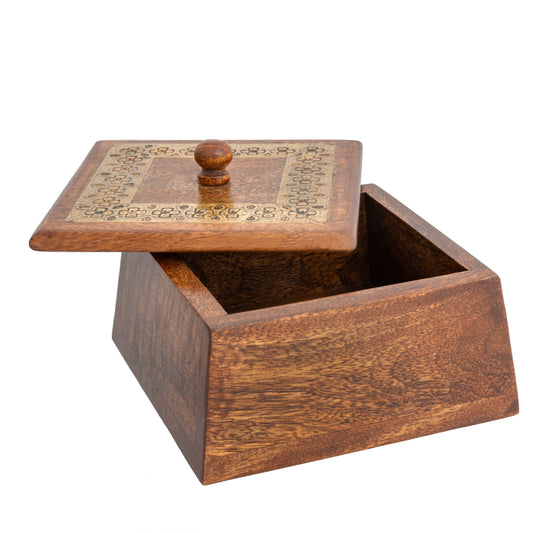 Tapered Mango Wood Box W Metal Pressed Inlay 10cm