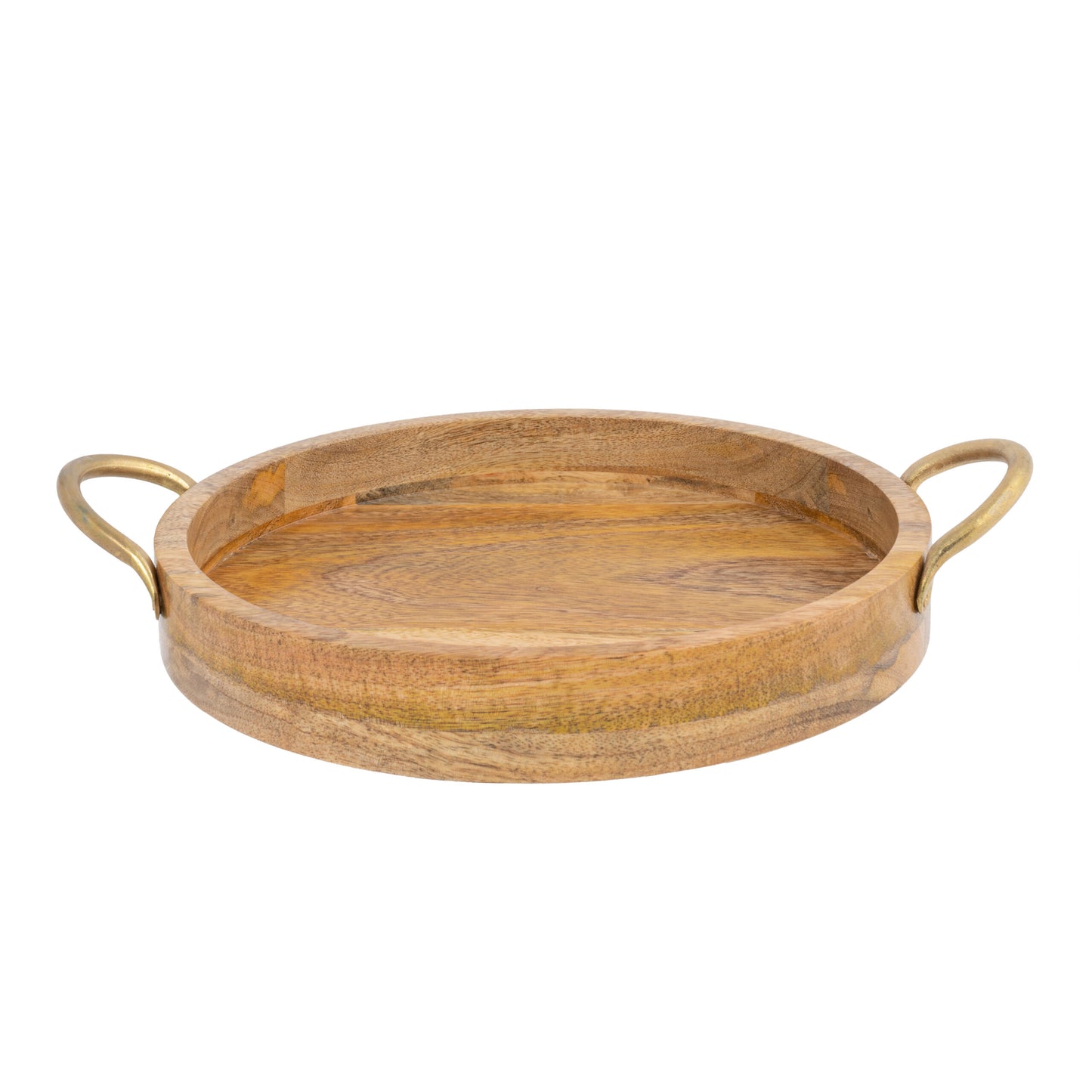 Handcrafted Mango Wood Round Tray W Handles 34cm