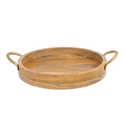 Handcrafted Mango Wood Round Tray W Handles 34cm