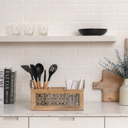 Handcrafted Mango Wood Cutlery Caddy - 3 Divisions 19cm