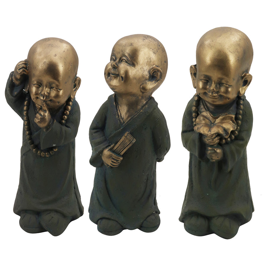Monk Statues Set - 14x33cm Distressed Gold/Green