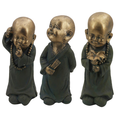 Monk Statues Set - 14x33cm Distressed Gold/Green