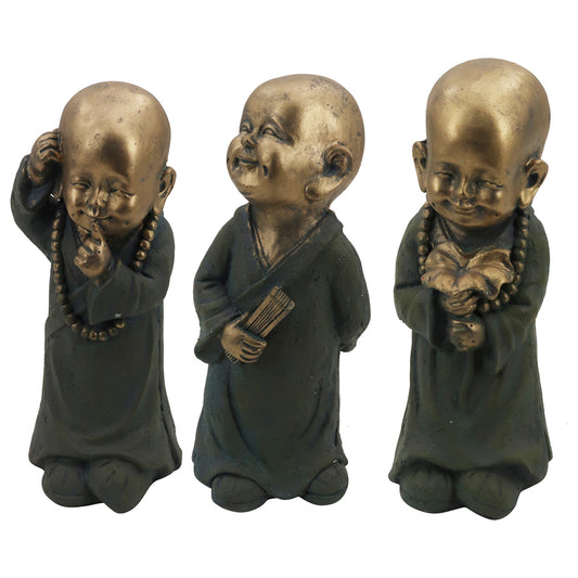Monk Statues Set - 14x33cm Distressed Gold/Green