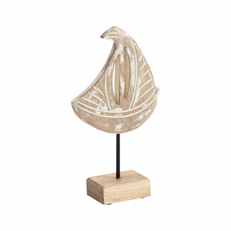 Boat on Base Ornament 30cm - Natural Whitewash Mango Wood & Iron Decor