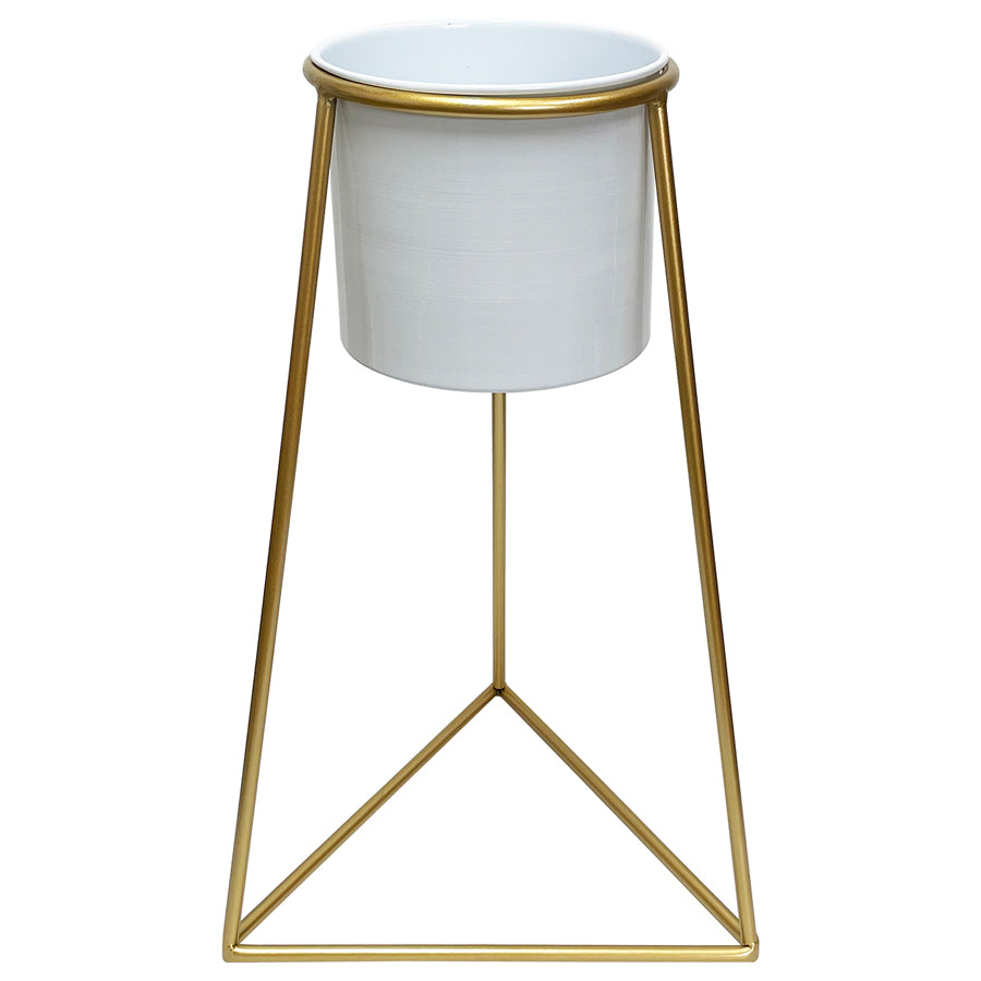 White Planter on Gold Pyramid Stand 45cm