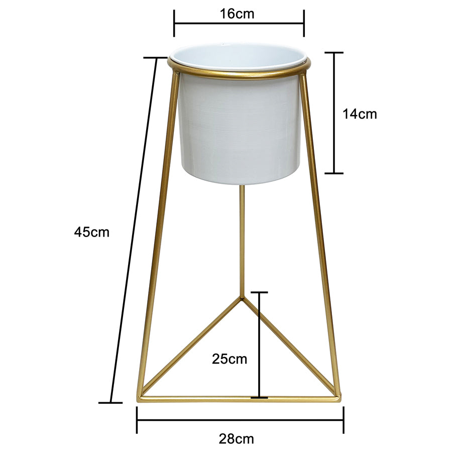 White Planter on Gold Pyramid Stand 45cm