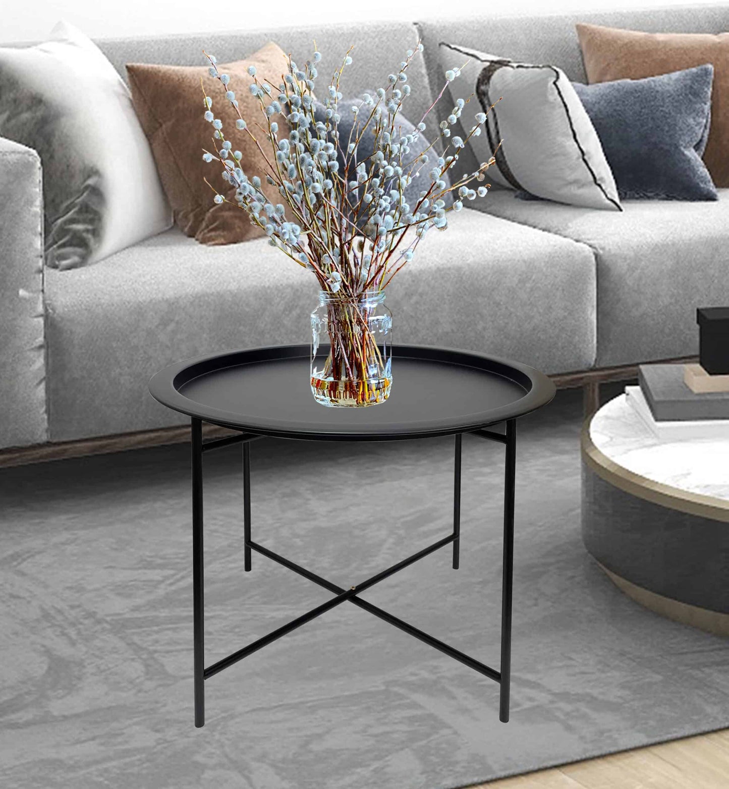 Round Lipped Cross Frame Side Table 47cm - Black