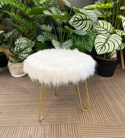 Faux Fur Shaggy White 3 Legged Child Stool / Footstool 30cm - Natural Gold
