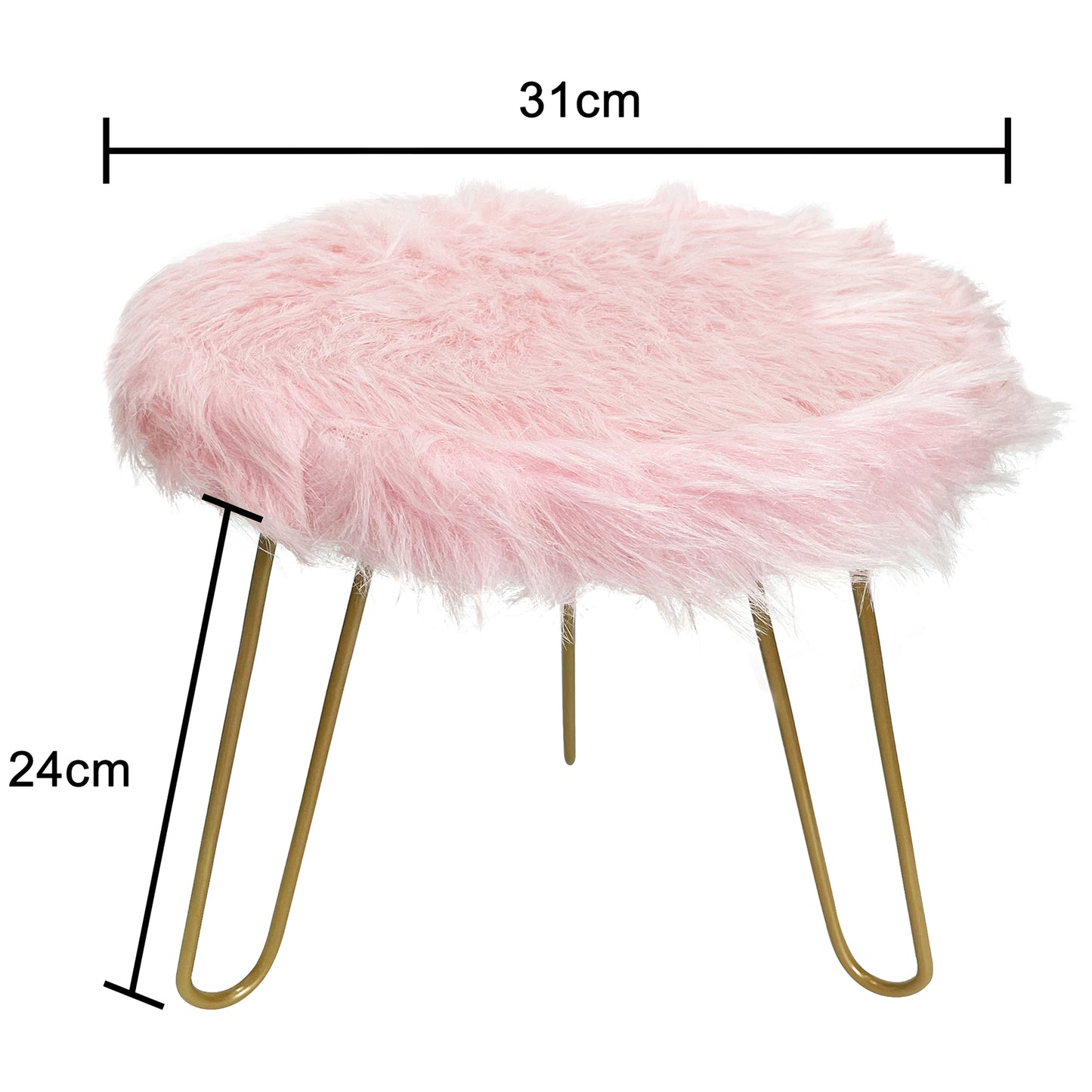 Faux Fur Shaggy Pink 3 Legged Child Stool / Footstool 30cm - Natural Gold