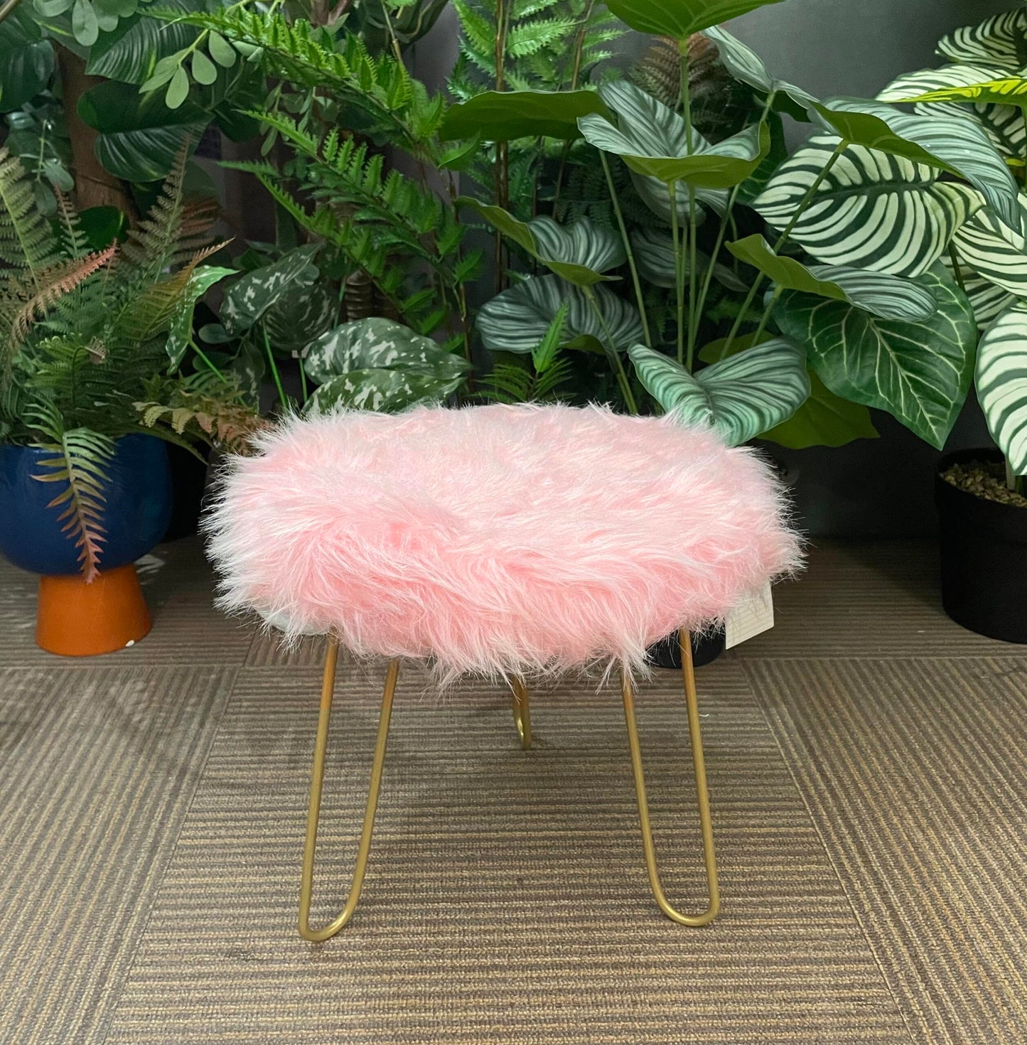 Faux Fur Shaggy Pink 3 Legged Child Stool / Footstool 30cm - Natural Gold