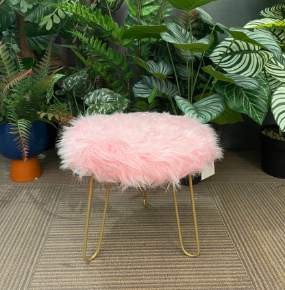 Faux Fur Shaggy Pink 3 Legged Child Stool / Footstool 30cm - Natural Gold