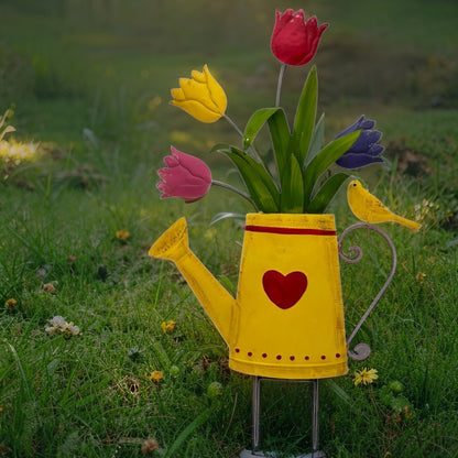 Flowers In Yellow Watering Can Garden Stake 55cm