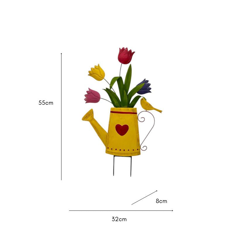 Flowers In Yellow Watering Can Garden Stake 55cm