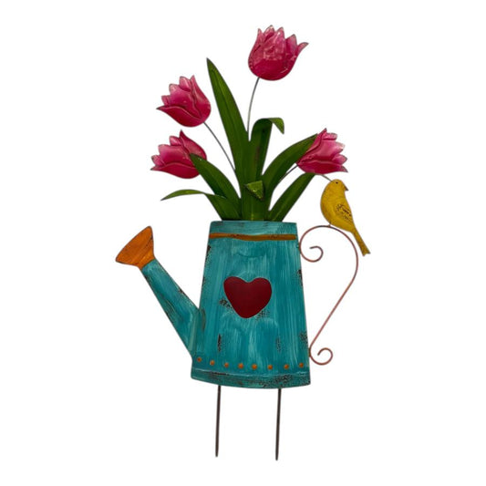 Flowers In Blue Watering Can Garden Stake 55cm