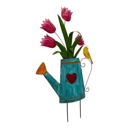 Flowers In Blue Watering Can Garden Stake 55cm