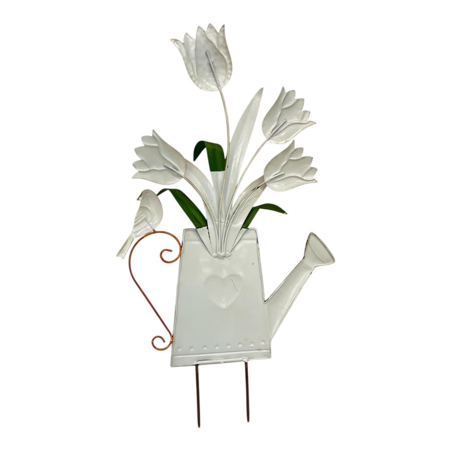 Flowers In Blue Watering Can Garden Stake 55cm