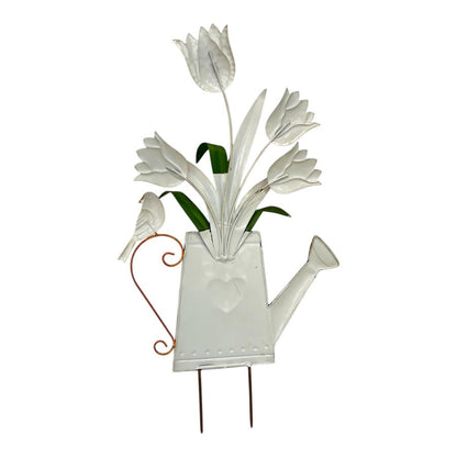 Flowers In Blue Watering Can Garden Stake 55cm