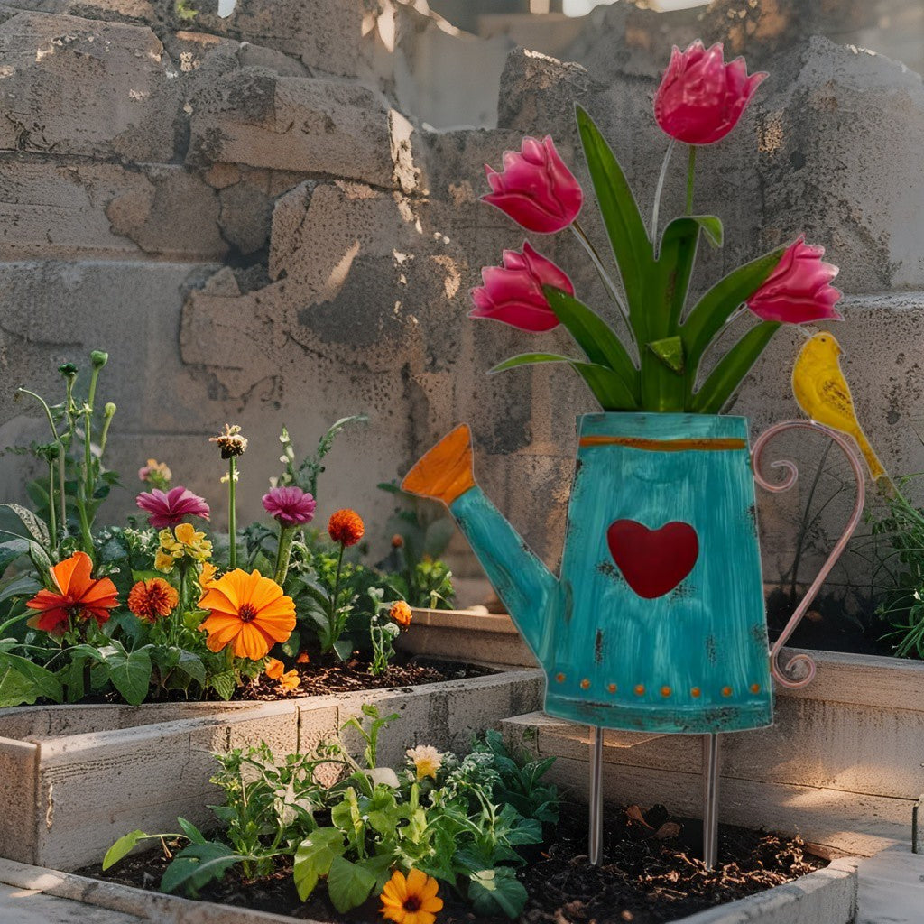 Flowers In Blue Watering Can Garden Stake 55cm