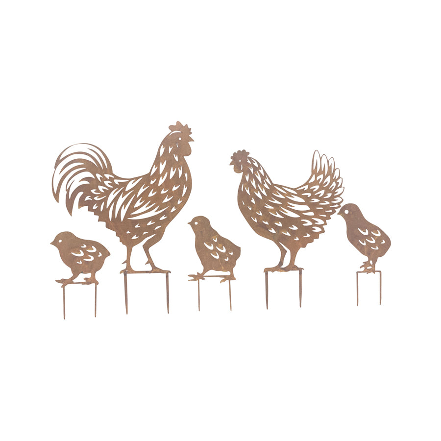 Rust Chicken Family Garden Stakes - 48cm Iron Decor
