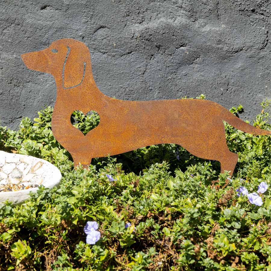 Rust Dachshund Garden Stake 57cm - Hand Painted Iron Decor