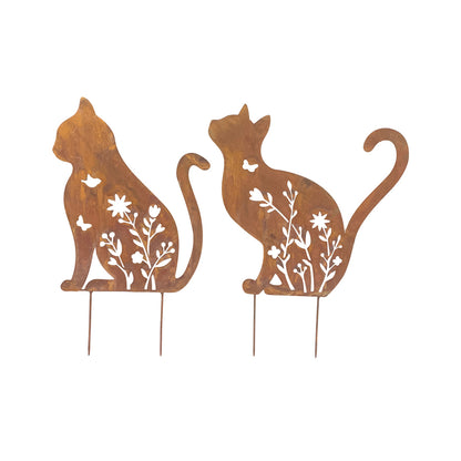 Set of 2 Rust Sitting Cat Garden Stakes - 37x46cm
