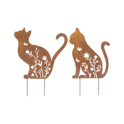 Set of 2 Rust Sitting Cat Garden Stakes - 37x46cm