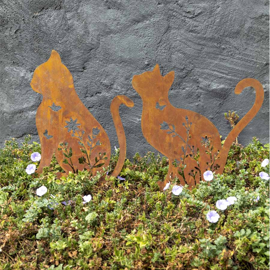 Set of 2 Rust Sitting Cat Garden Stakes - 37x46cm