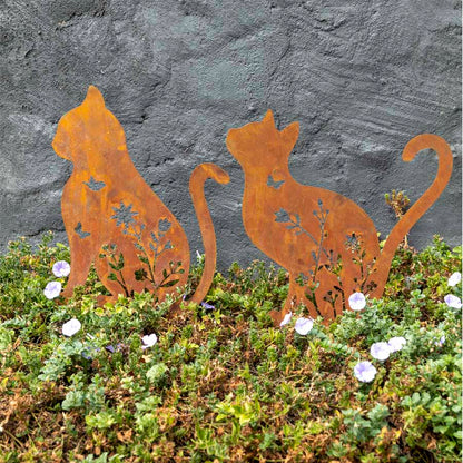 Set of 2 Rust Sitting Cat Garden Stakes - 37x46cm