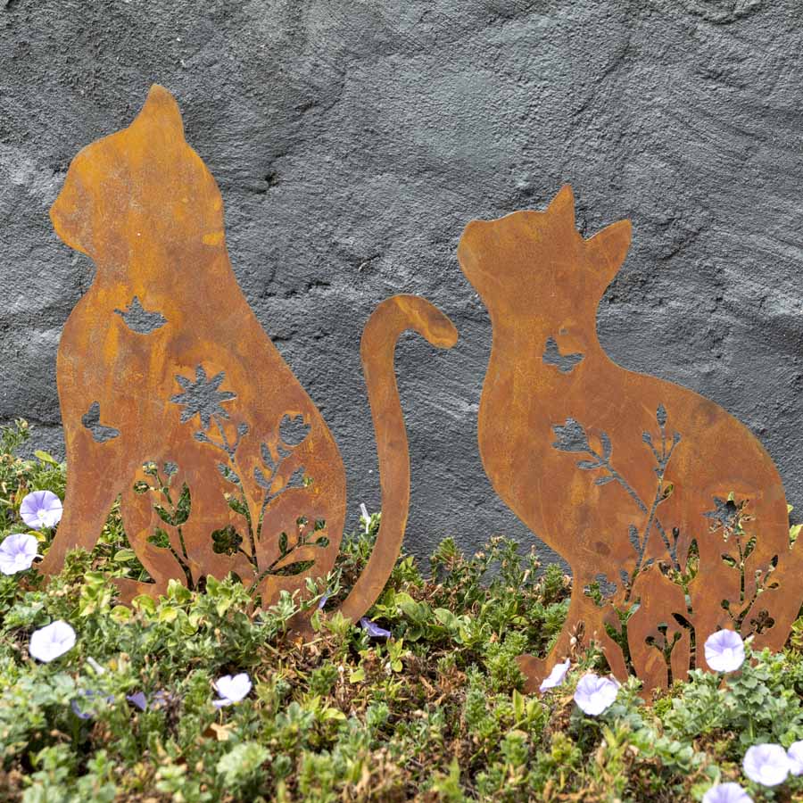 Set of 2 Rust Sitting Cat Garden Stakes - 37x46cm