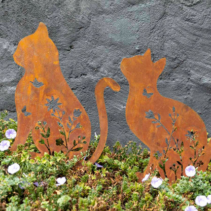 Set of 2 Rust Sitting Cat Garden Stakes - 37x46cm