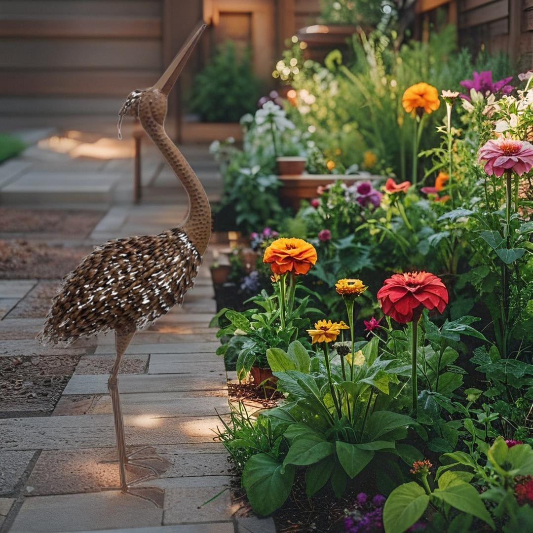 Rust Crane Bird Statue 'Looking Up' - 38cm
