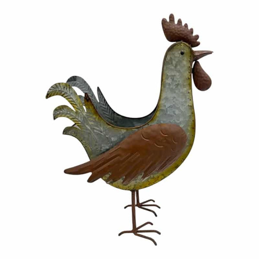 Distress Finish Rooster Planter, Galvanised Iron, 39.5cm