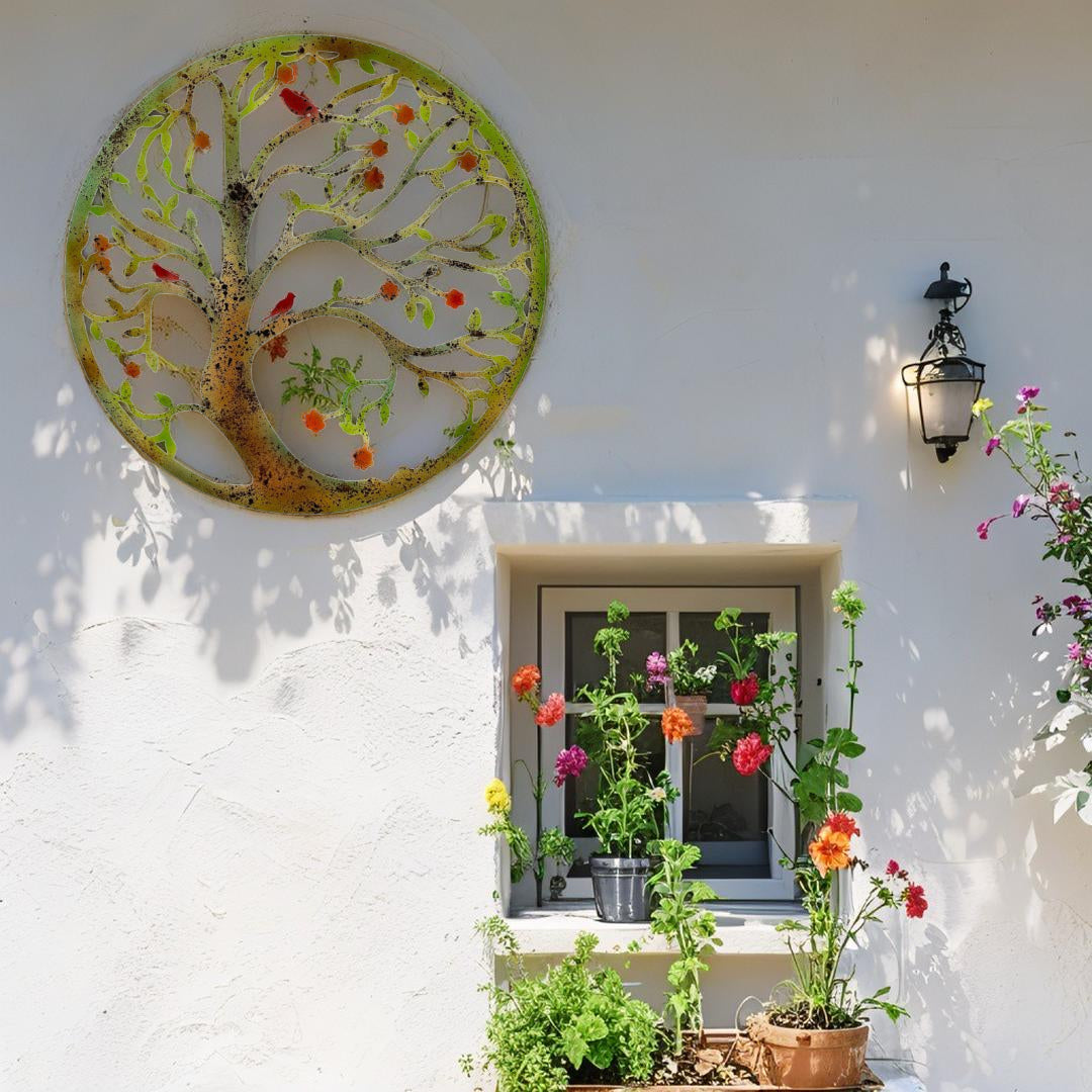 Premium Wall Art Decor: Round Laser Cut Tree of Life 80cm - Distressed Multi-Colour