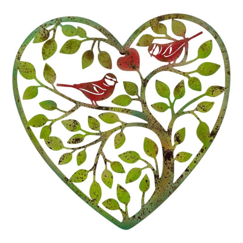 Premium Iron Wall Art - Heart Tree of Life with Red Birds - Distressed Green, Red 45cm