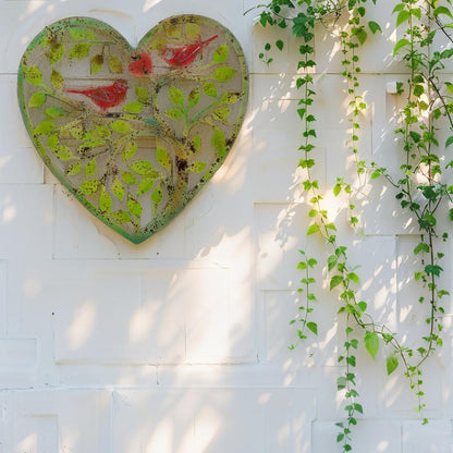 Premium Iron Wall Art - Heart Tree of Life with Red Birds - Distressed Green, Red 45cm