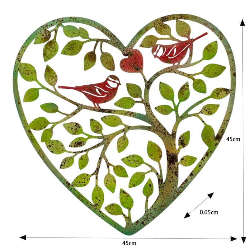Premium Iron Wall Art - Heart Tree of Life with Red Birds - Distressed Green, Red 45cm