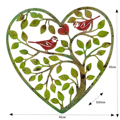 Premium Iron Wall Art - Heart Tree of Life with Red Birds - Distressed Green, Red 45cm