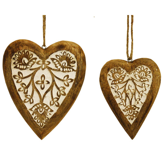 Set 2 Carved Hanging Hearts 20cm, 15cm