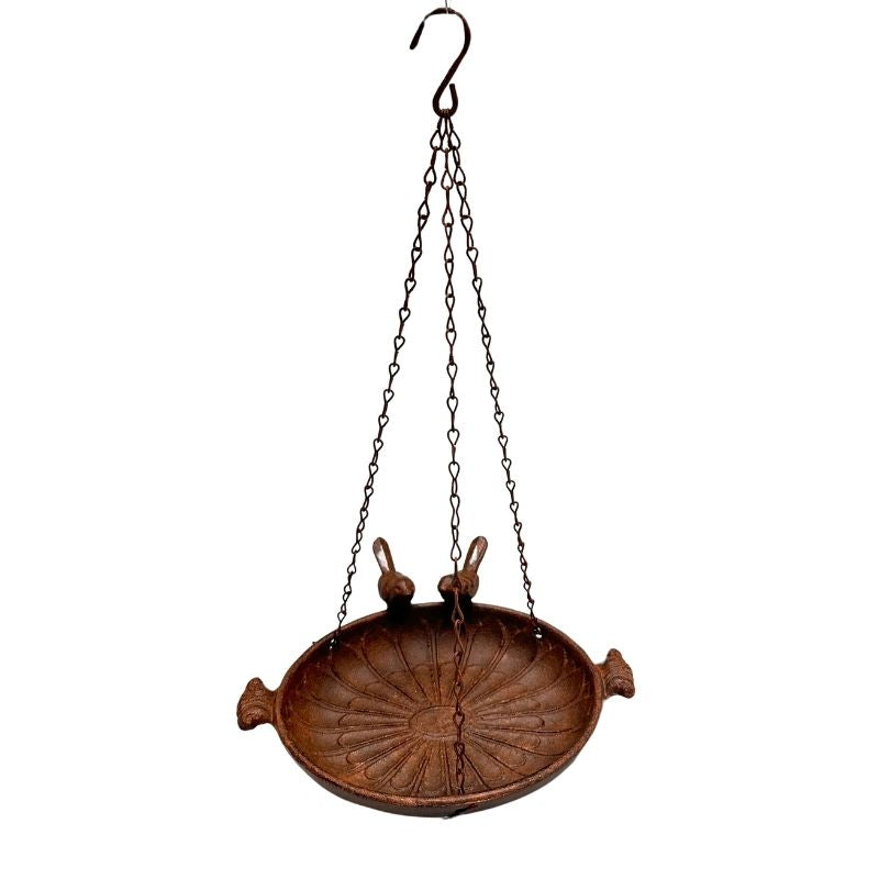 Rust Brown Hanging Cast-Iron Birdfeeder with 2 Birds, 41cm