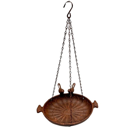 Rust Brown Hanging Cast-Iron Birdfeeder with 2 Birds, 41cm