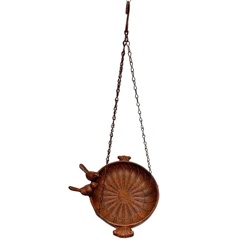 Rust Brown Hanging Cast-Iron Birdfeeder with 2 Birds, 41cm