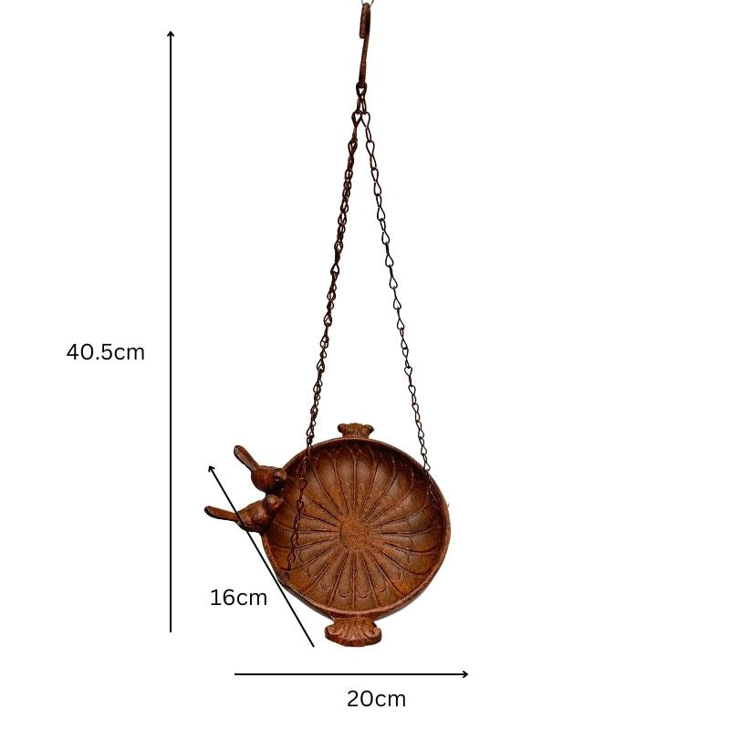 Rust Brown Hanging Cast-Iron Birdfeeder with 2 Birds, 41cm