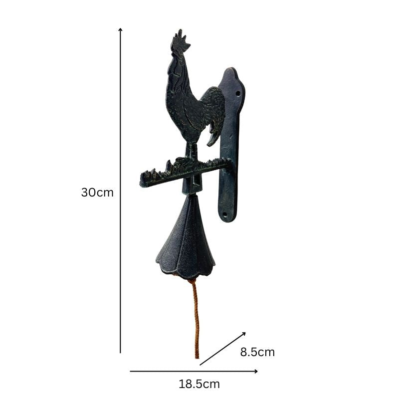 Cast-Iron Rooster Doorpost with Bell, Antique Brown, 30cm