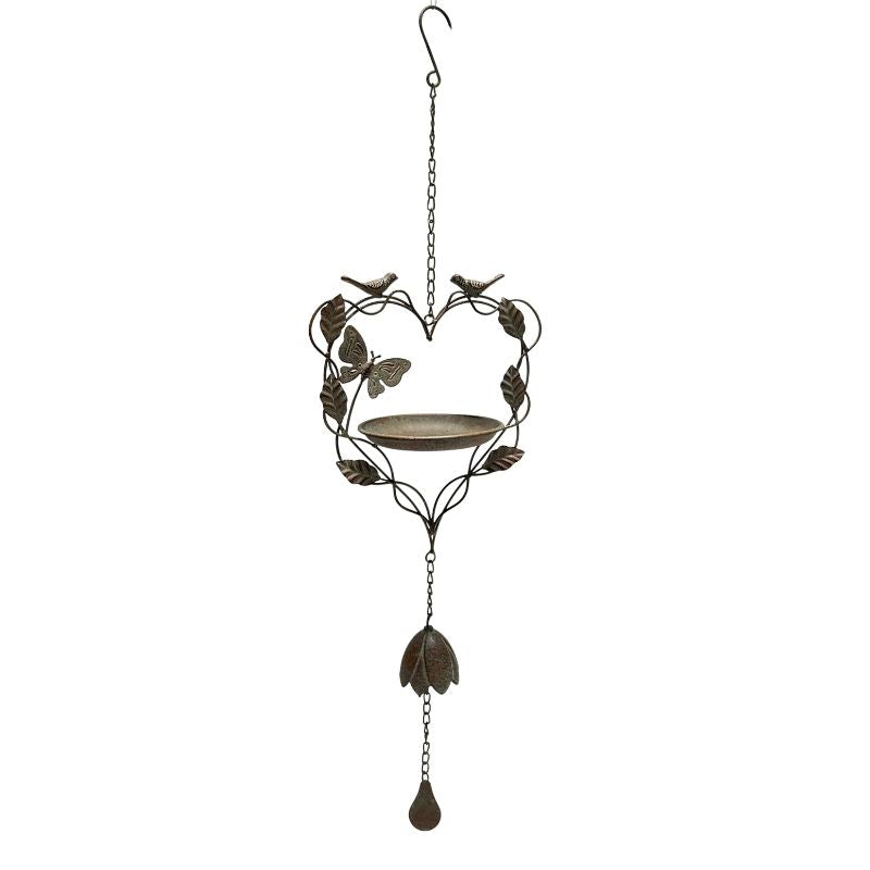 Premium Free Standing Bird Feeder - Heart-Shape Iron w/ Butterfly & Birds - Antique Green