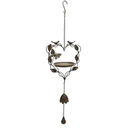 Premium Free Standing Bird Feeder - Heart-Shape Iron w/ Butterfly & Birds - Antique Green