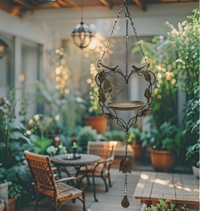 Premium Free Standing Bird Feeder - Heart-Shape Iron w/ Butterfly & Birds - Antique Green