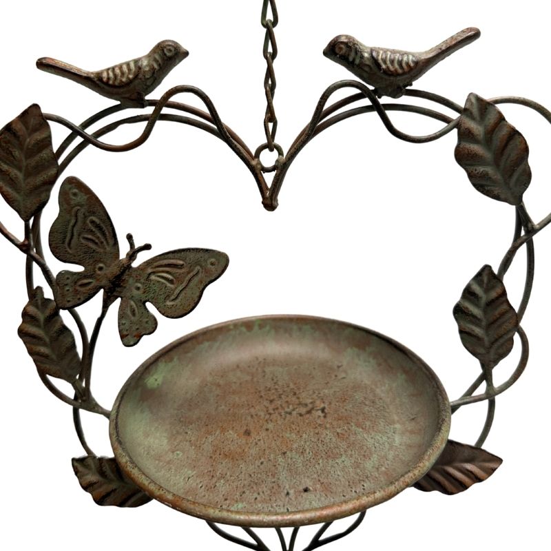 Premium Free Standing Bird Feeder - Heart-Shape Iron w/ Butterfly & Birds - Antique Green