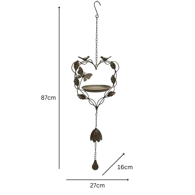 Premium Free Standing Bird Feeder - Heart-Shape Iron w/ Butterfly & Birds - Antique Green