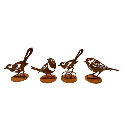 Laser Cut Birds on Base Set - 4 Assorted Rust Iron 19cm